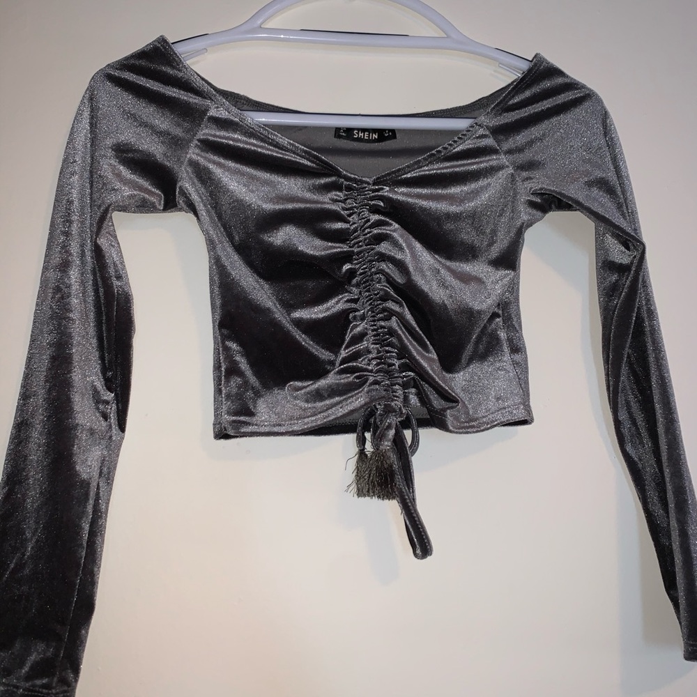 Silver long sleeve off the shoulder crop top